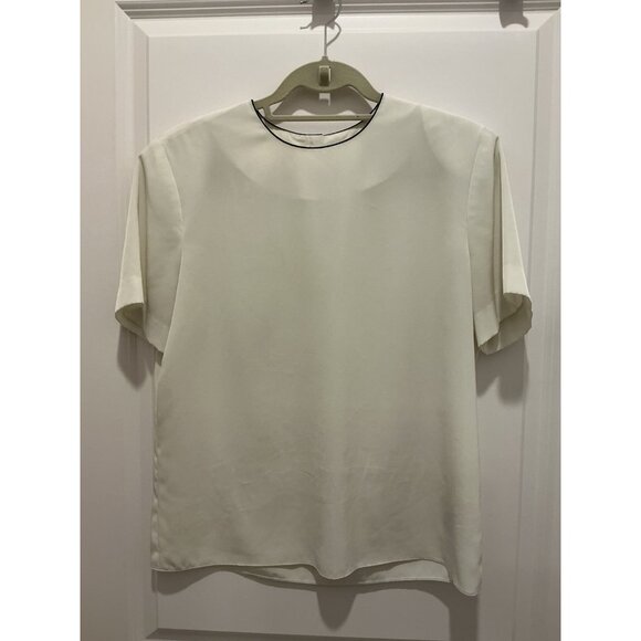 Kasper Top Size 10 Shell Cream W/ Black Trim Short Sleeves 1 Button Layering - Picture 1 of 7